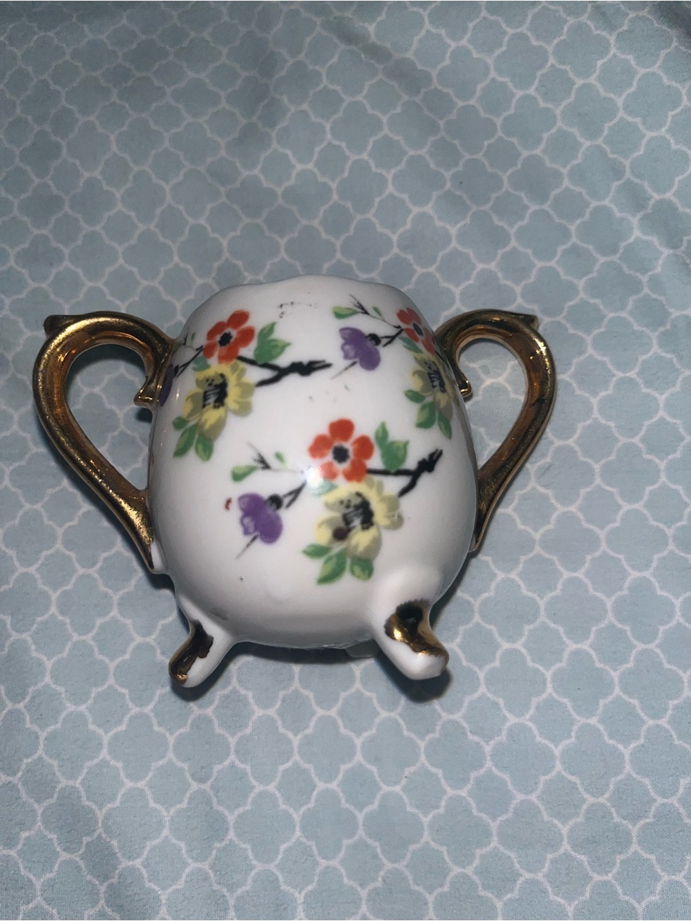 Mini Porcelain Floral Sugar Bowl with Gold Handles